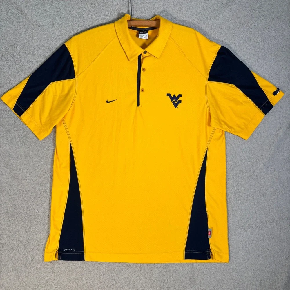 Nike Dri Fit Polo Shirt Men XL West Virginia Mountaineers Yellow Navy Athleisure